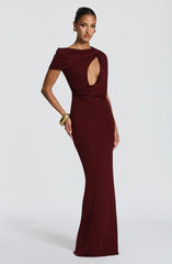Two-Tone Asymmetric Off-Shoulder Cutout Draped Fitted Mermaid Gown