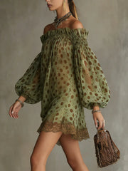Olive Polka Dot Off-Shoulder Sheer Balloon-Sleeve Lace Hem Mini Dress