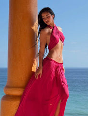 Fuchsia Halter Cutout Crop Top & Flowy Maxi Skirt 2 Piece Vacation Set