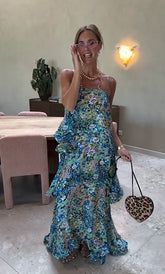 Floral Print Spaghetti Strap Tiered Ruffle Maxi Dress