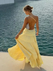One-Shoulder Open-Back Tiered Maxi Dress