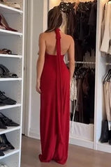 French Vintage Halter Strap Backless Waist-Cinching Red Maxi Dress | Y2K Slimming High Slit Evening Gown