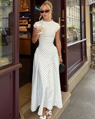 French Vintage Polka Dot Stand Collar Waist-Cinching Flare Maxi Dress | Elegant Commuter Slimming A-Line Dress
