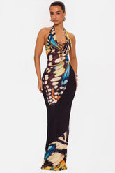 Butterfly Print Halter Lace-Up Open Back Bodycon Maxi Dress