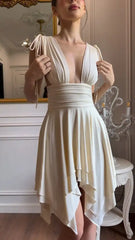 Deep V Backless Tie-Strap Asymmetrical Hem Dress
