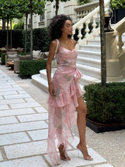 Abstract Print Asymmetric Draped Ruffle Dress