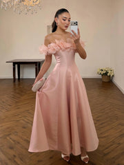3D Floral Off-Shoulder Satin A-Line Gown