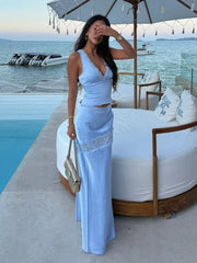 Satin Lace Trim V-Neck Cami Top & Maxi Skirt Two-Piece Set