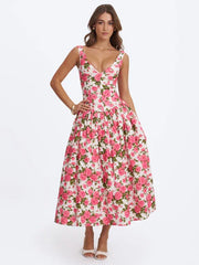 French Rose Print V-Neck Fitted Flared Midi Dress
