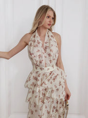 Halter Floral Tiered Ruffle Maxi Dress
