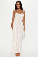 White Lace Spaghetti Strap Corset Maxi Dress with Back Slit