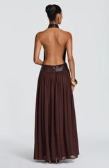 Women Halter Deep Keyhole Open Back Metallic Trim High Waist Chiffon Maxi Gown