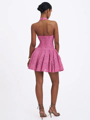 Halter Deep V Lace Fit-and-Flare Mini Dress