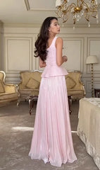 French Pink Square Neck Peplum Waist Pleated Flare Maxi Dress | Luxury Elegant Waist-Cinching Slimming Evening Gown