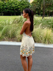Cream Halter Floral Embroidered Backless Vacation Mini Dress