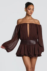 Women Off Shoulder Sheer Puff Sleeve Keyhole Front Back Tie Metallic Waist Chiffon Mini Romper