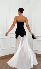 French Elegant Strapless Pearl Trim Color Block Waist-Cinching Flare Evening Gown | Luxury Trailing Maxi Dress