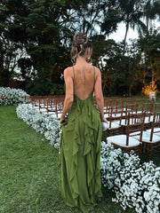 Halter Neck 3D Flower Tiered Ruffle Chiffon Maxi Gown