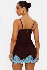 Contrast Lace Trim Ruched Bodycon Mini Dress