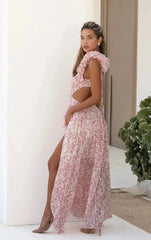 Pink Plum Blossom Print Ruffle Backless High Slit Maxi Dress | Vacation Style Sexy Party Gown