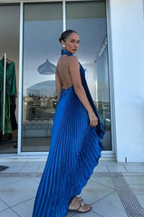 Royal Blue Metallic Pleated Halter Open-Back High-Low Dress