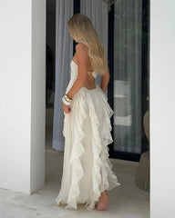 Cream White Halter Gold Rose Ruffled Backless Maxi Dress