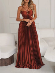 Criss Cross Spaghetti Strap Cutout Open Back Solid Pleated Satin Maxi Dress