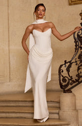 White Beaded Strapless Corset Lace-Up Ruched Maxi Dress | Luxury Elegant Wedding Evening Gown