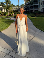 White Cutout Trim Deep V Open-Back Vacation Maxi Dress