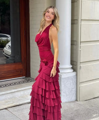 Burgundy Halter Ruched Rose Accent Ruffled Backless Maxi Dress