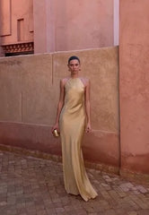 Champagne Gold Satin Halter Backless Maxi Dress
