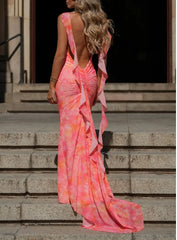 Spaghetti Strap Ruffle Open Back Ruched Abstract Print Mermaid Maxi Gown