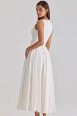 White Sleeveless Button-Front Cinched-Waist Flared Midi Dress