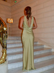 Sage Green Satin Cowl Back Sleeveless Mermaid Evening Gown