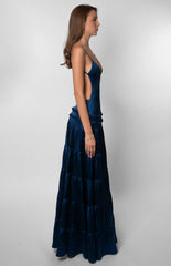 Deep V Backless Tiered Satin Maxi Dress