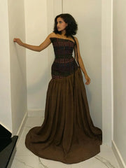 Ethnic Dot Strapless Fitted Waist Chocolate Flowy Train Maxi Dress