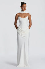 White Strapless Beaded Corset Waist Draped Evening Gown