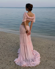 Puff Sleeve Backless Top & Tiered Maxi Skirt Set