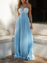 Criss Cross Spaghetti Strap Cutout Open Back Solid Pleated Satin Maxi Dress