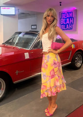 Yellow Tropical Floral Print Ruffle Midi Skirt