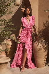 Pink Tie-Dye Ruffle Backless High Slit Maxi Dress | Vacation Style Sexy Party Gown