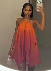 Sunset Gradient Halter Layered Mini Dress | Vacation Style Backless Chiffon Dress