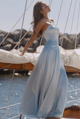 Light Blue Satin Halter Tie-Waist Flared Maxi Gown