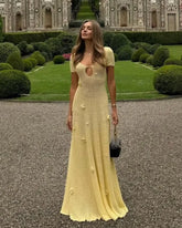 Cream Yellow 3D Flower U-Neck Cutout Knit Backless Maxi Dress