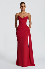 White / Red Strapless Cowl Neck Lace-Up Backless Draped Ruched Bodycon Mermaid Evening Maxi Dress