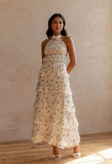 Beige Purple Floral Halter Tie-Back Backless Ruffle Maxi Dress | Vacation Style Elegant Floral Dress