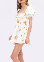 Square Neck Puff Sleeve Lace Trim Floral Print Mini Skater Dress