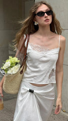 French Lazy Style Lace Patchwork Cami + Wrap Lace Hem Midi Skirt Set