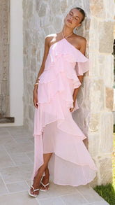 Bohemian Halter Tiered Ruffle Chiffon Maxi Dress
