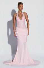 Luxury Champagne Gold Sequin Halter Backless Mermaid Evening Gown | Waist-Cinching Slimming Elegant Long Wedding Guest Dress